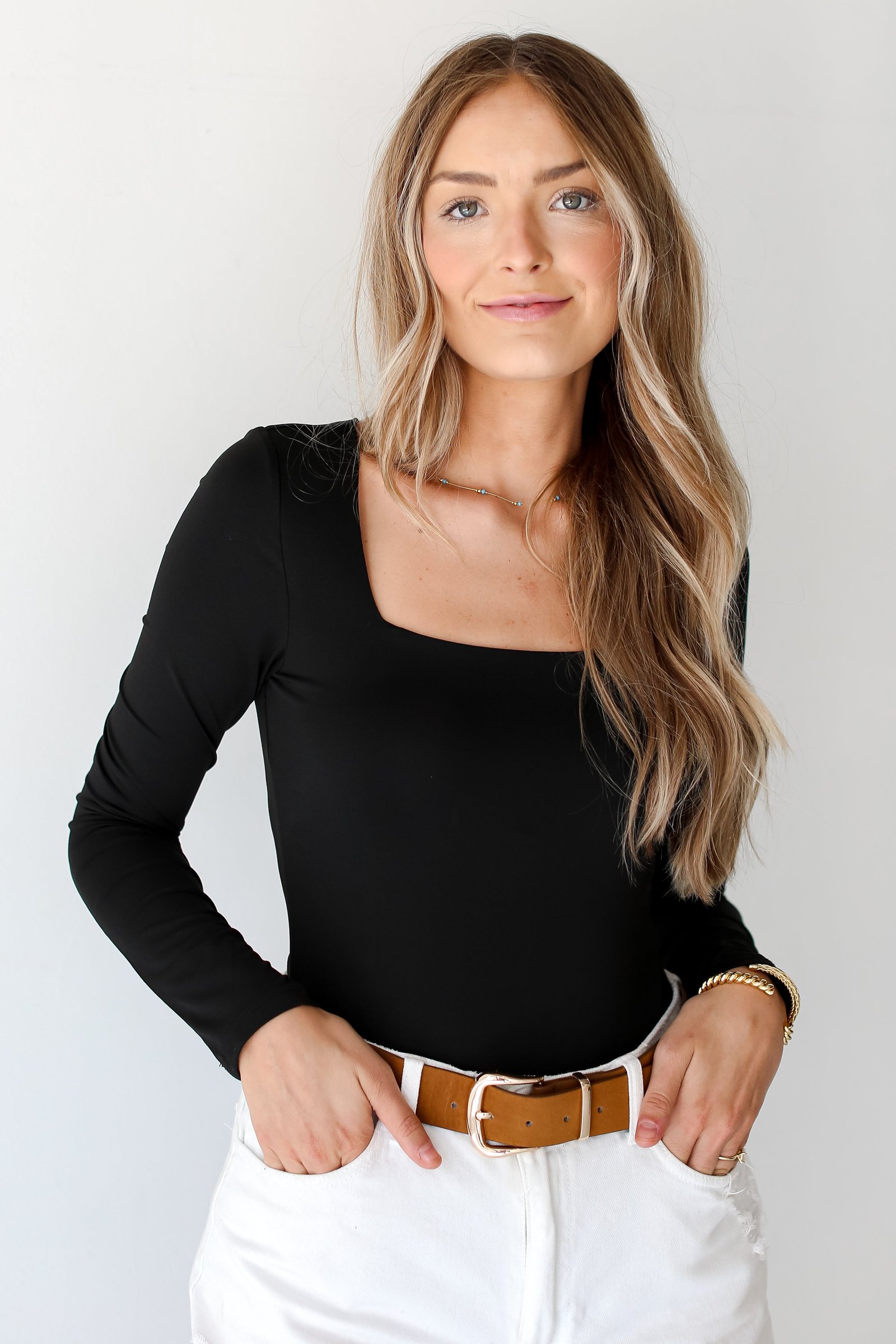 black Square Neck Long Sleeve Bodysuit close up